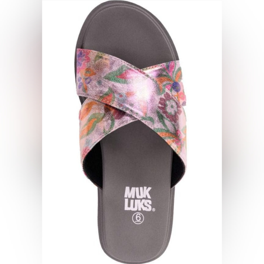 Muk Luks- Mera Metallic Floral Slide Sandals with Criss-Cross Straps-sz 11